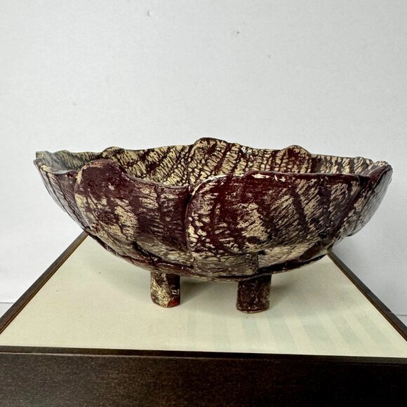 Art Studio Basket Weave Glazed Pottery Bowl 4 Footed Round Brown White READ - Picture 5 of 16